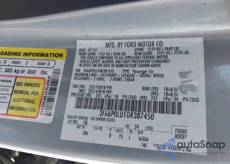 2013 Ford Fusion Hybrid Se z USA, uszkodzony, nr VIN 3FA6P0LU1DR387450